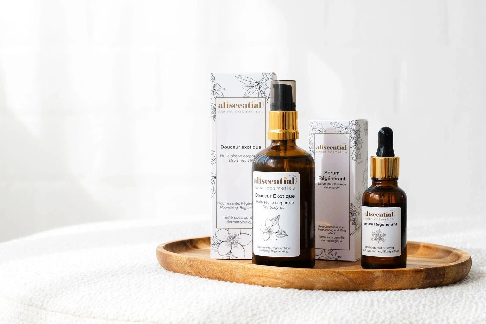 Produits de soins naturels Aliscential fabriqués en Suisse : sérum régénérant et huile Douceur Exotique.