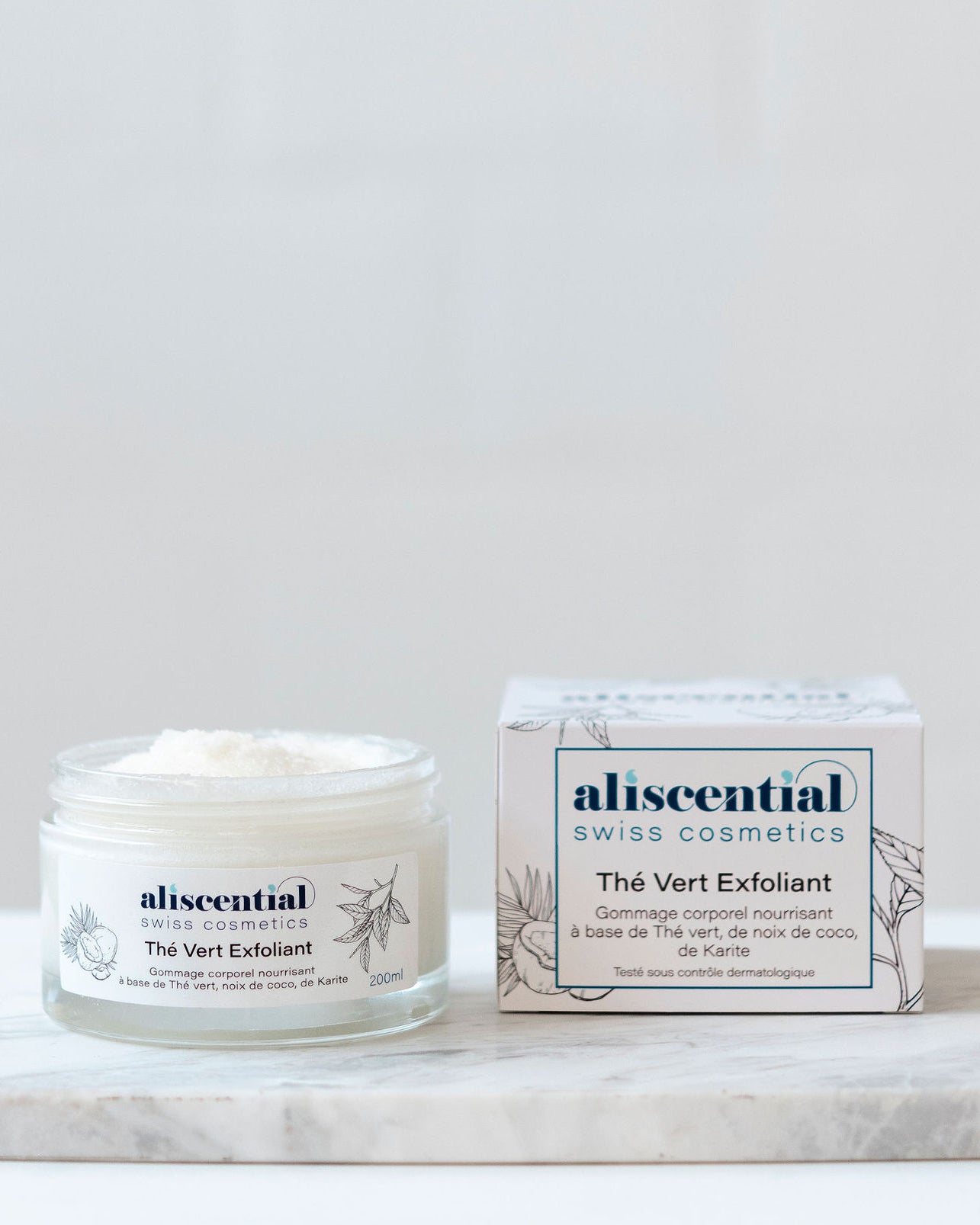 Thé Vert Exfoliant Aliscential – gommage corps et packaging