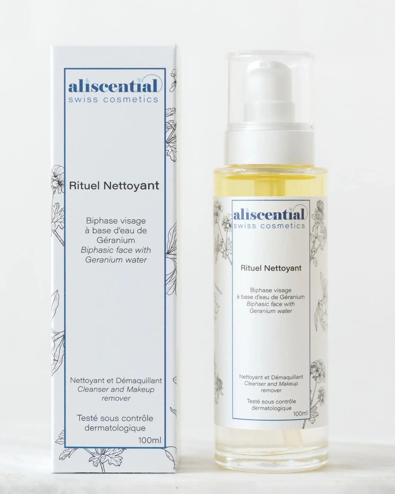 Flacon et boîte du Rituel Nettoyant Aliscential – 99,5% d&