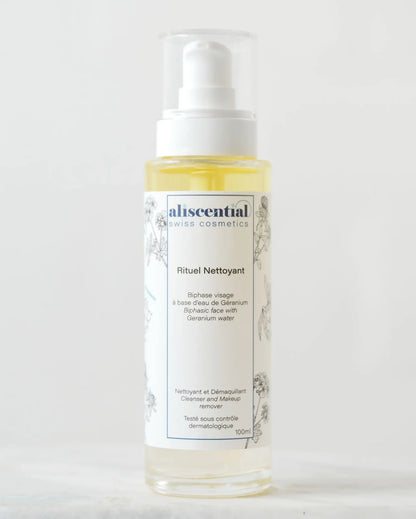 Flacon du Rituel Nettoyant Aliscential – nettoyant et démaquillant biphasé visage à l&