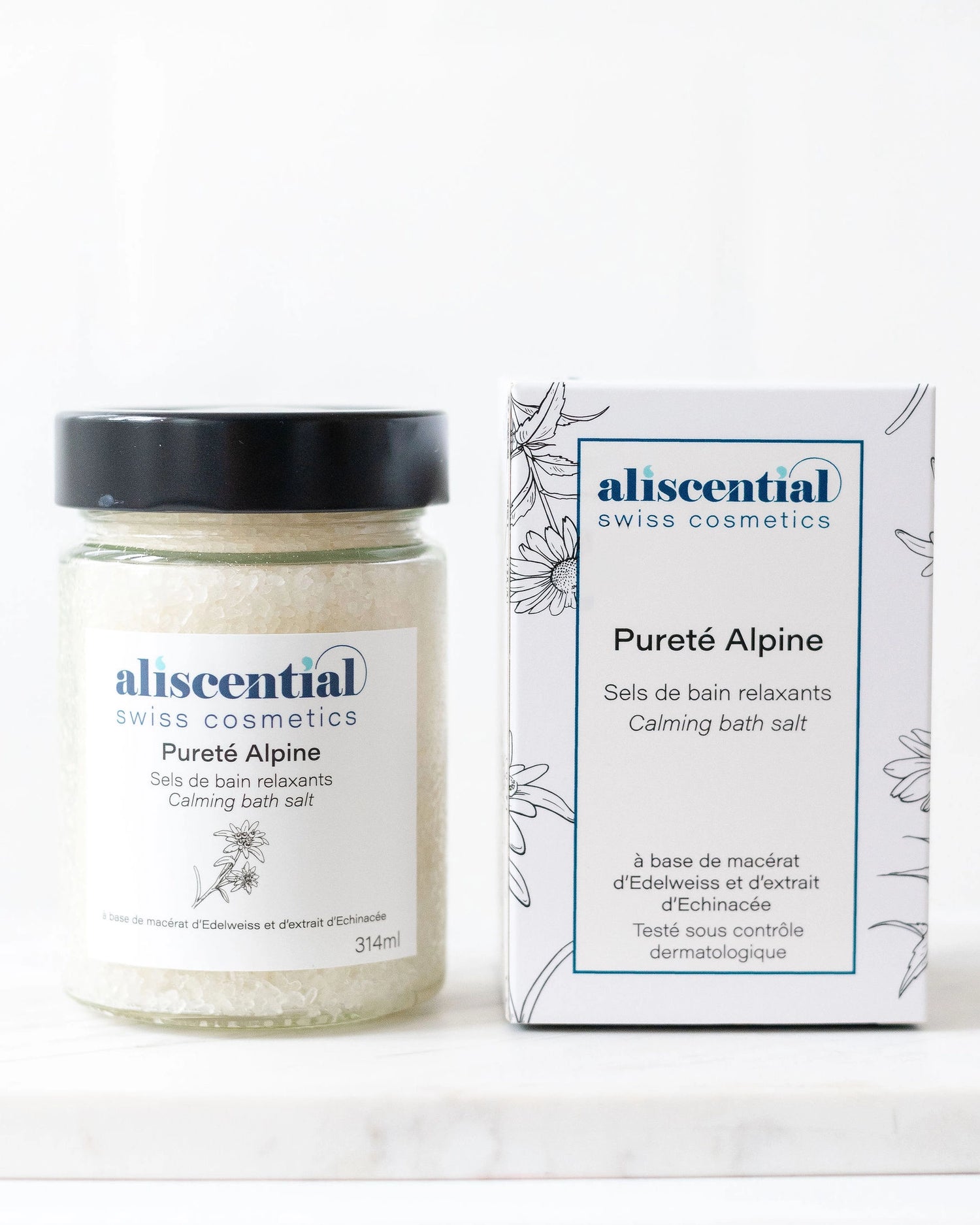 Pureté Alpine Aliscential – sels de bain et packaging