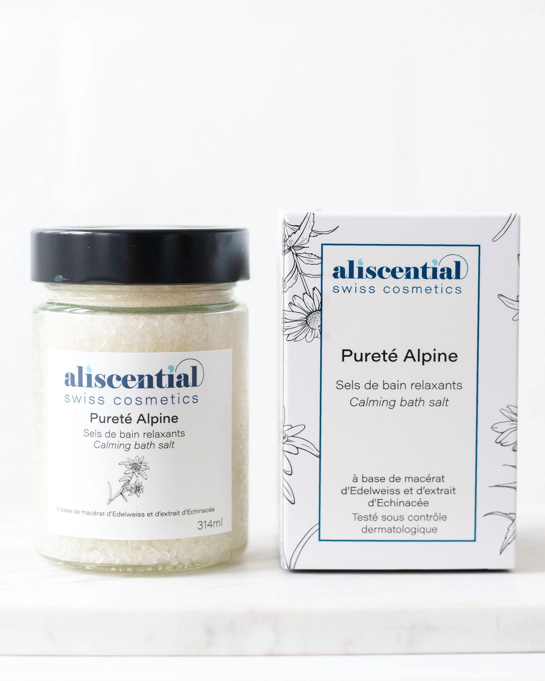 Pureté Alpine Aliscential – sels de bain et packaging