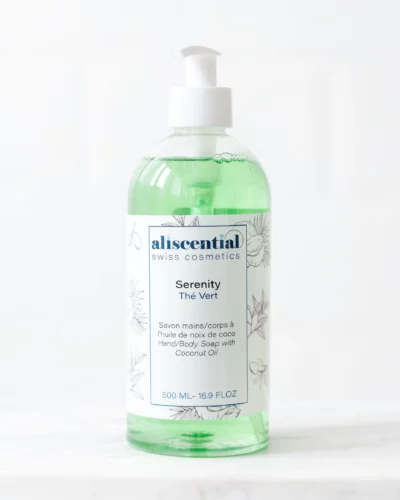 Bottle of Serenity natural liquid soap with green tea and vegetable oils