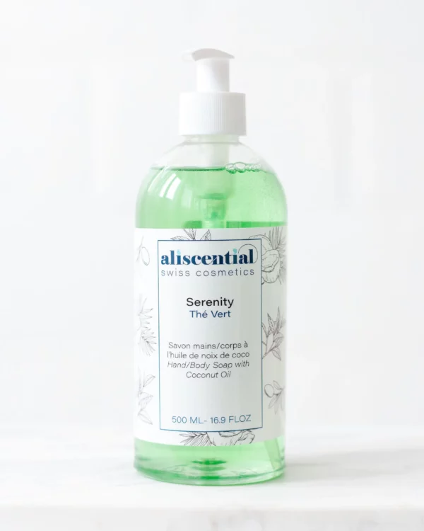 Bottle of Serenity natural liquid soap with green tea and vegetable oils