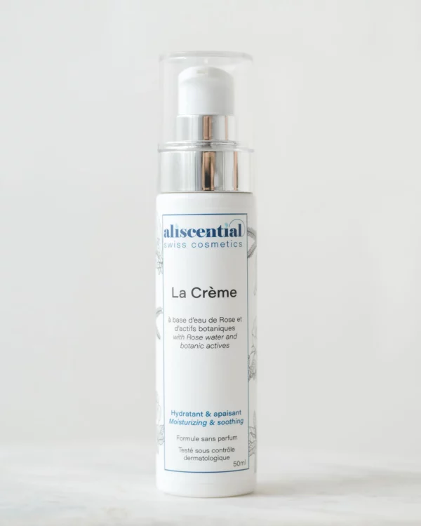 Jar of La Crème Aliscential, a light face cream formulated with rose hydrosol to hydrate and soothe the skin.