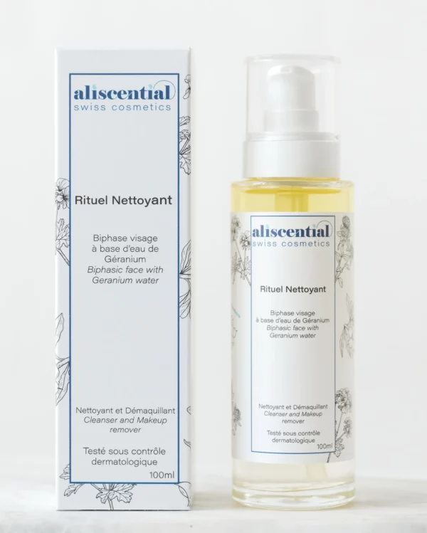 Bottle and box of the Aliscential Rituel Nettoyant– biphasic facial cleanser and makeup remover with geranium water, 99.5% natural-origin ingredients.